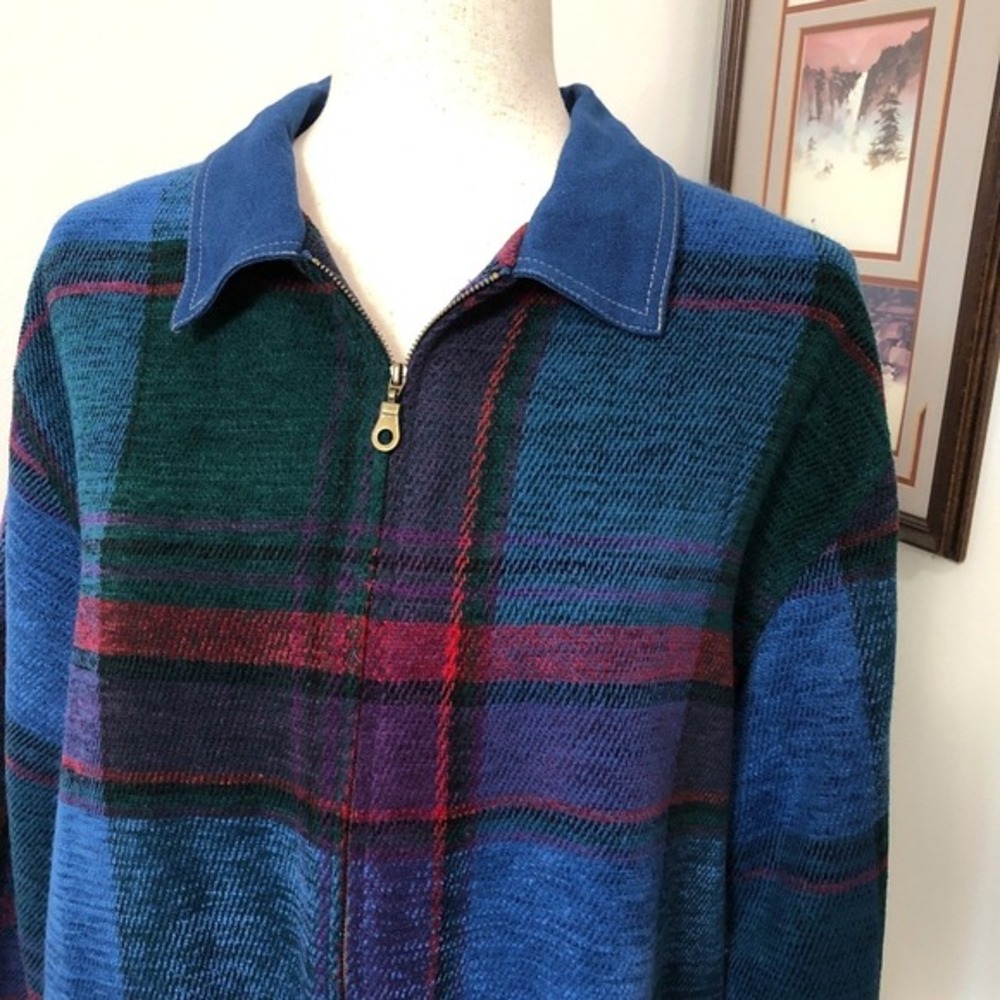 VTG 90s Plaid Zip Sweater Jacket L Grandpa Core‎ Cabin Artsy Oversized - Picture 3 of 8